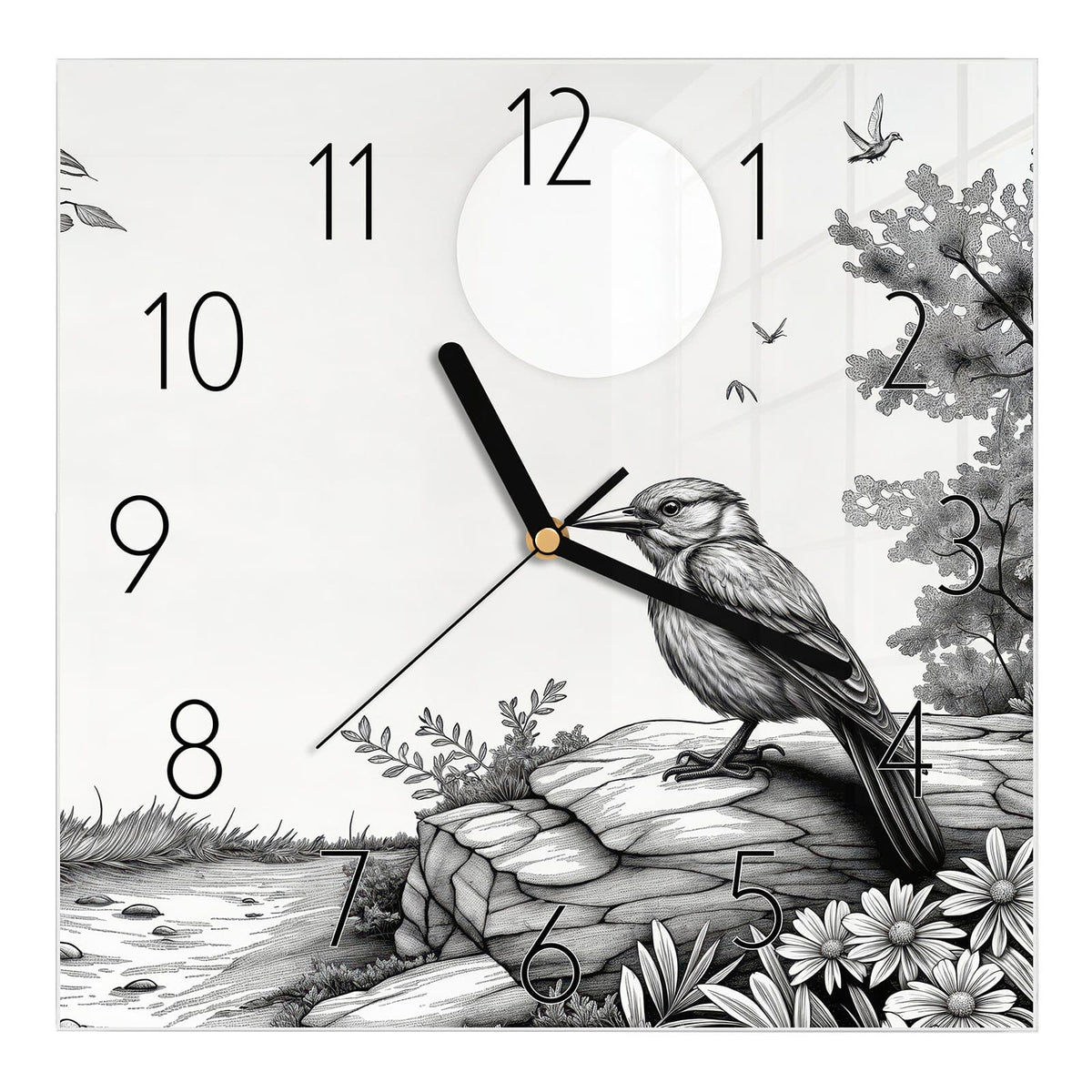 Wanduhr aus Glas, Ziffernblatt Klassisch: Feine Schwarz-Weiß-Zeichnung: Vogel auf einem Felsen, Margeriten, Strauch und weiße Sonnenscheibe