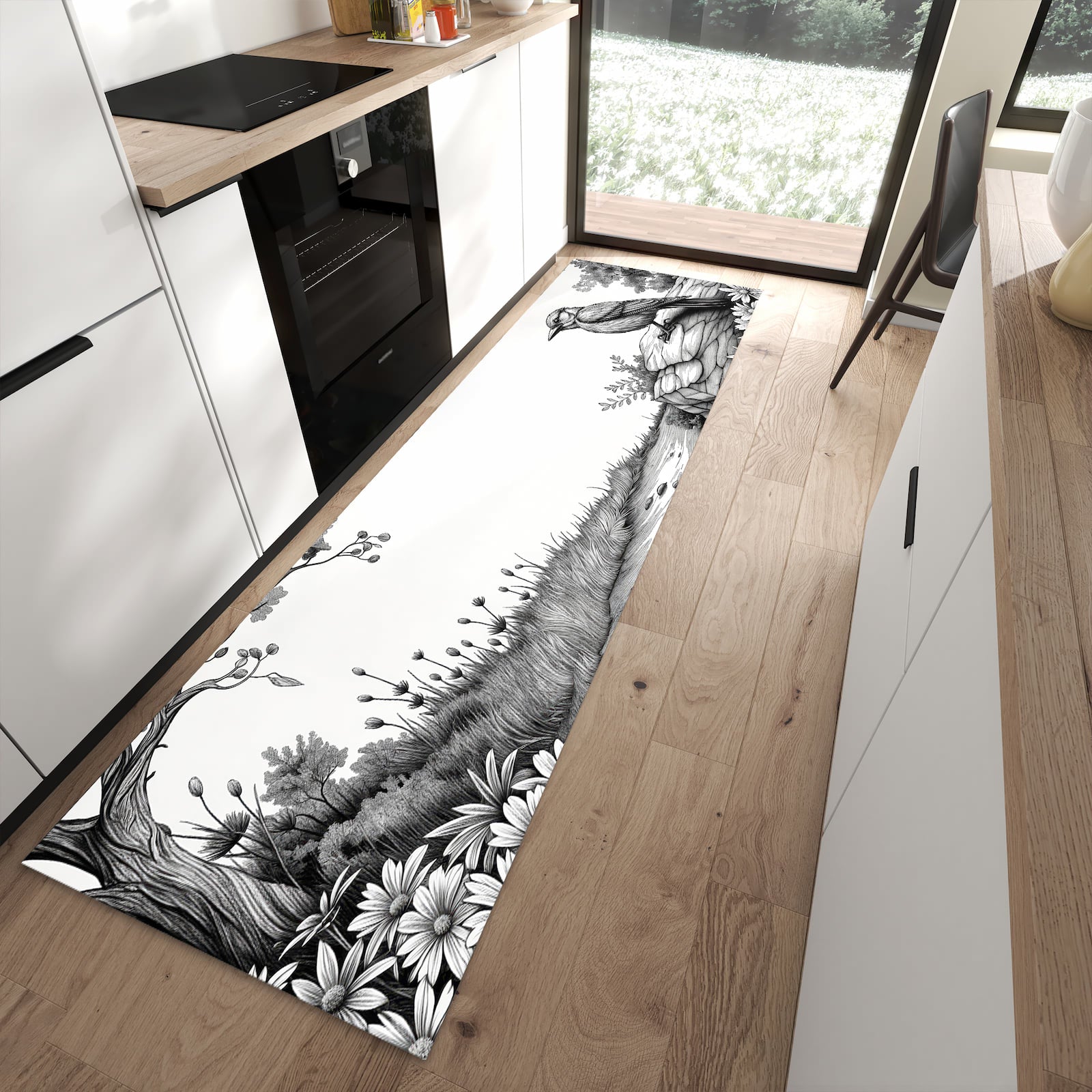 Komfortabler waschbarer Küchenteppich mit Motiv Natur Illustration in moderner Küche