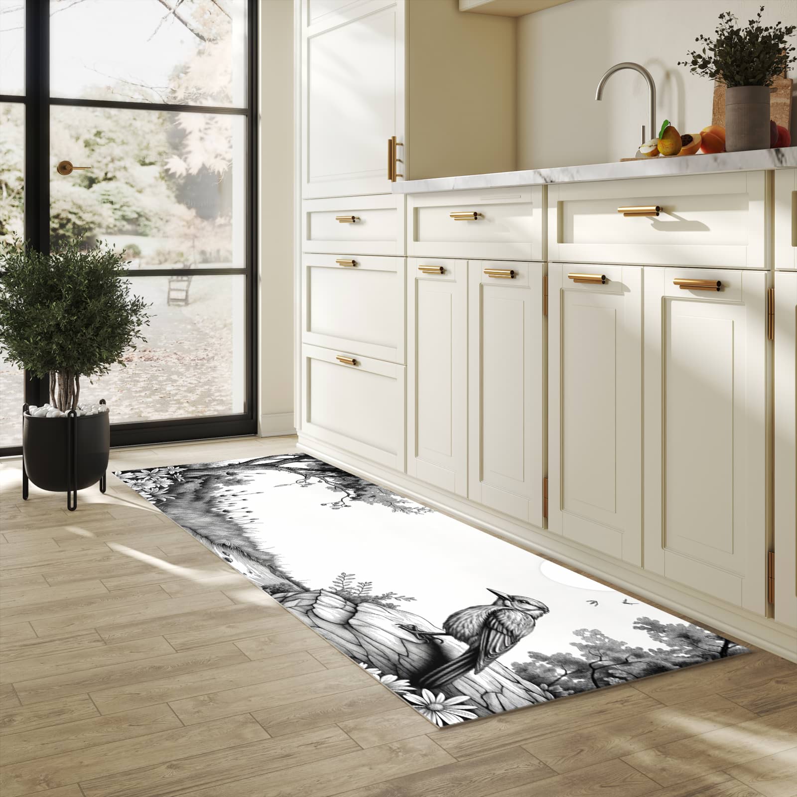 Bodenschonender waschbarer Küchenteppich mit Motiv Natur Illustration in heller Küche