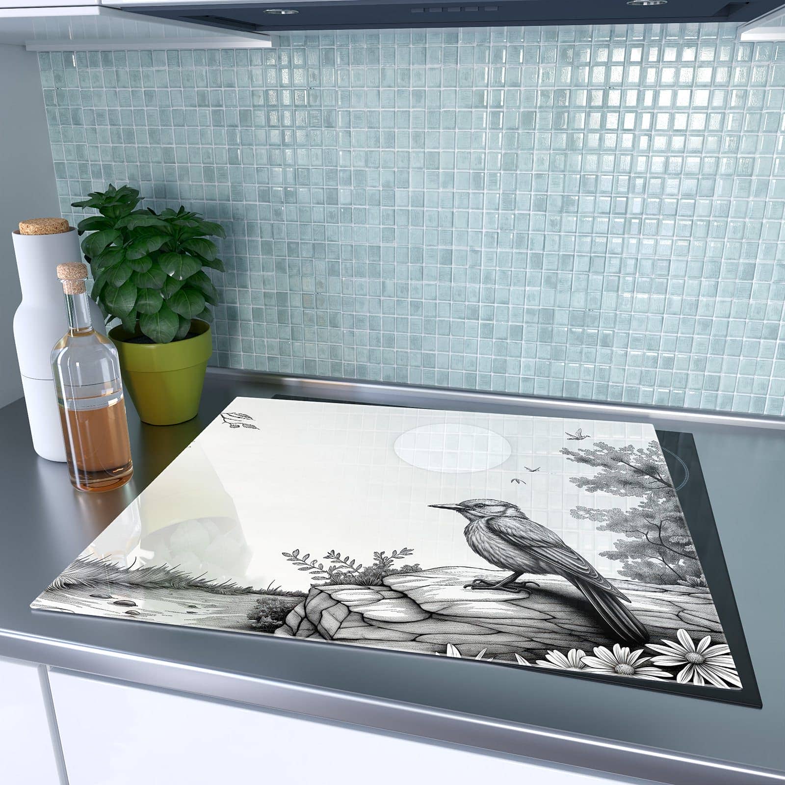 1-teilige Herdabdeckplatte Induktion mit Natur Illustration-Motiv auf dem Ceranfeld