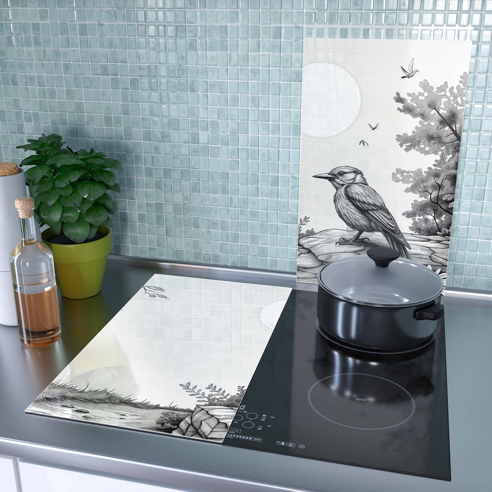 1-teilige Herdabdeckplatte mit Natur Illustration-Motiv als Spritzschutz hinter dem Kochfeld
