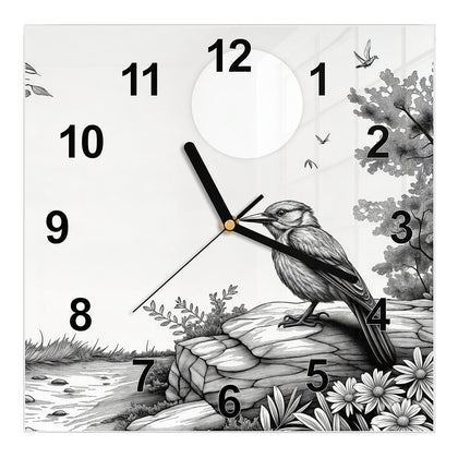 Wanduhr Quadratisch mit dem Motiv Vogel auf dem Felsen