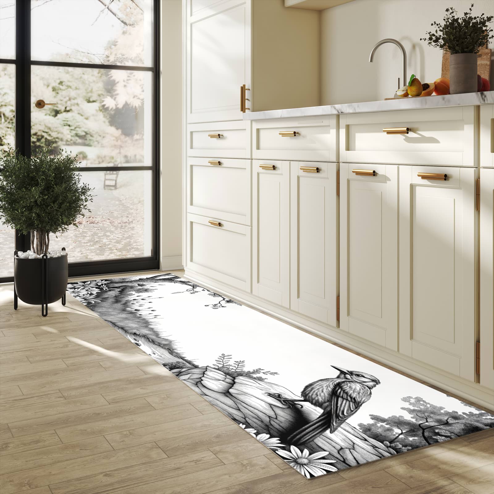 Formstabiler großer Küchenteppich mit Motiv Natur Illustration in heller Küche