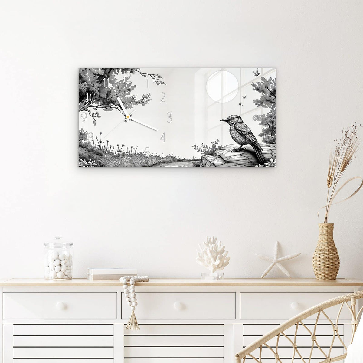 Wanduhr Natur Illustration aus Glas – Querformat 60 × 30 cm – Verschlungener Baum und Vogel auf Fels