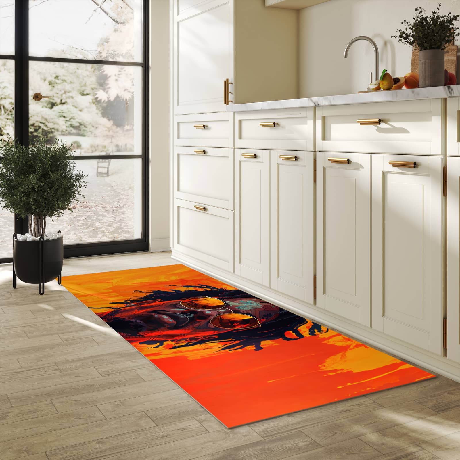 Küchenteppich mit angenehmer Haptik und Motiv Künstlerischer Look in heller Küche, waschbar