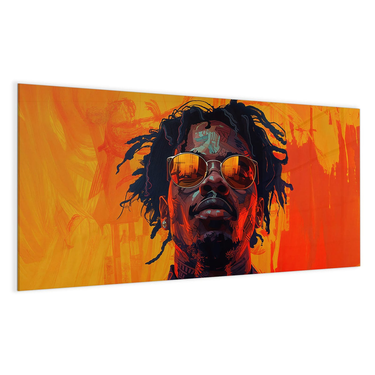 illustriertes Männerporträt mit Dreadlocks und Sonnenbrille vor Orangerot