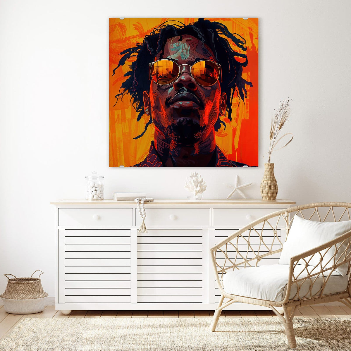 Glasbild Mann mit Sonnenbrille an der Wand – illustriertes Männerporträt mit Dreadlocks und Sonnenbrille vor Orangerot