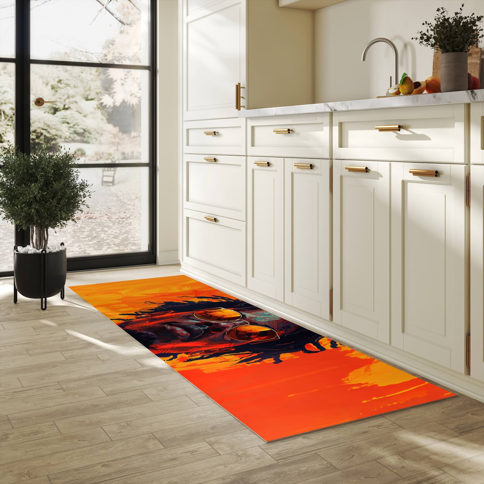 Pflegeleichter dünner Teppich mit Motiv Künstlerischer Look in heller Küche