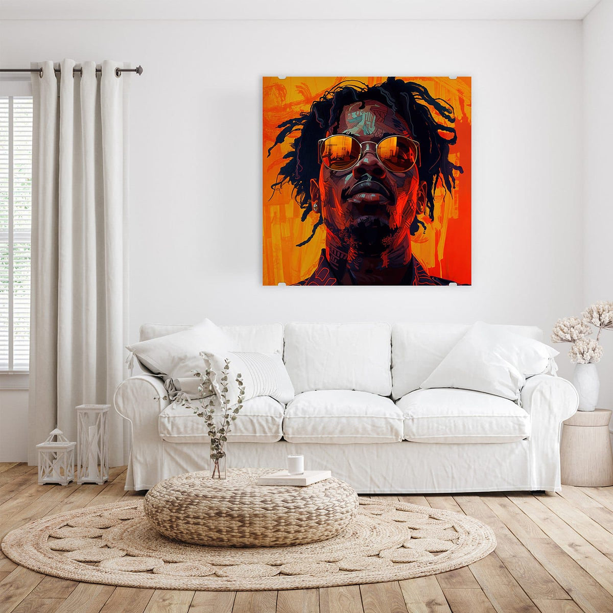 Glasbild Mann mit Sonnenbrille an der Wand – illustriertes Männerporträt mit Dreadlocks und Sonnenbrille vor Orangerot