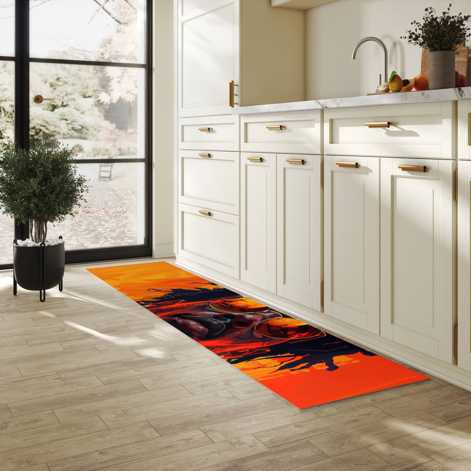 Schmutzabweisender waschbarer Küchenläufer mit Motiv Künstlerischer Look in heller Küche