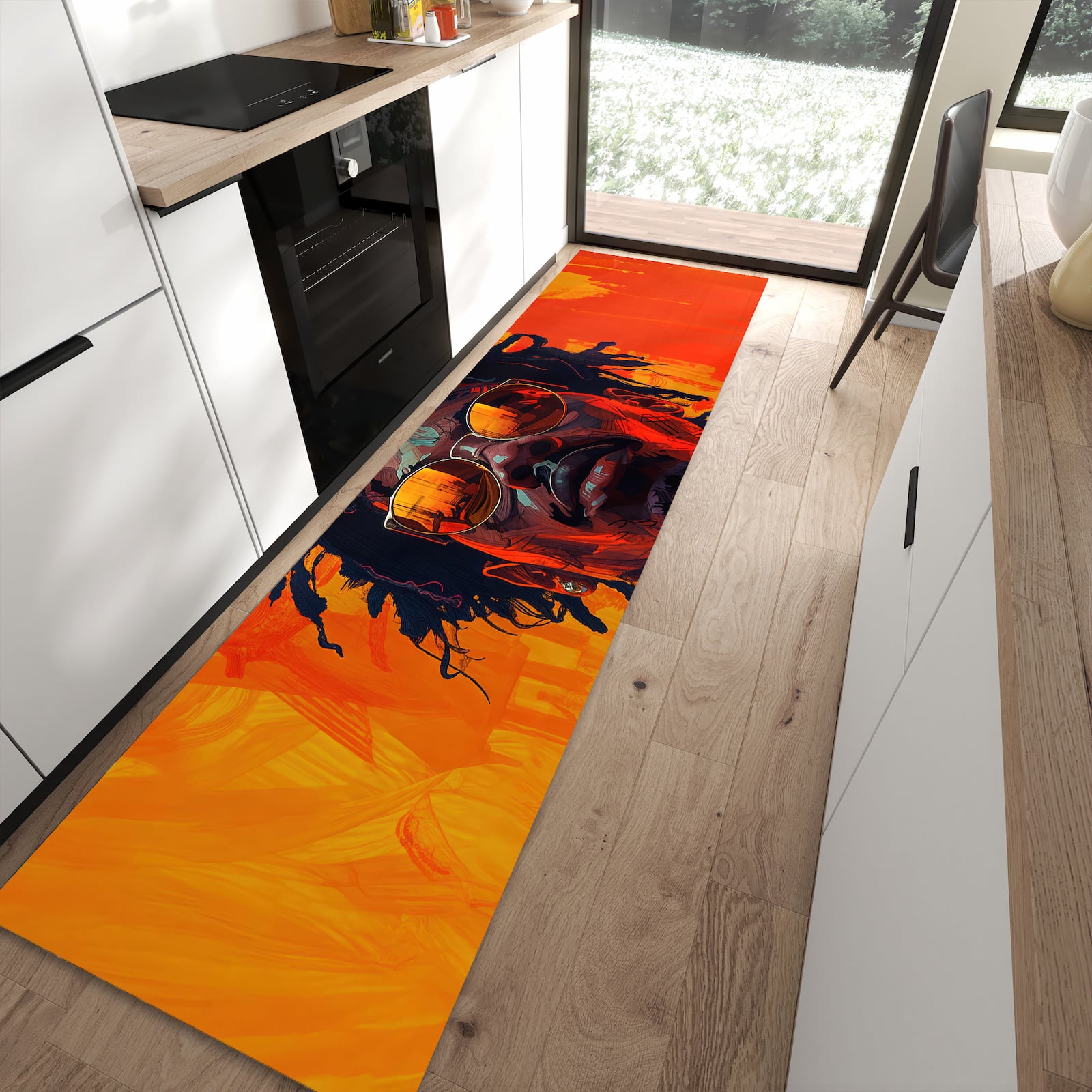 Zeitsparender langer Teppich mit Motiv Künstlerischer Look in moderner Küche