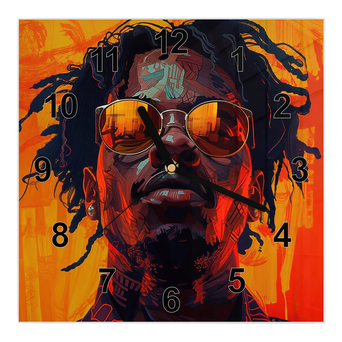 Wanduhr aus Glas, Ziffernblatt Modern mit Motiv Mann mit Sonnenbrille: Illustriertes Männerporträt mit Dreadlocks und Sonnenbrille vor Orangerot #ziffernblatt_Modern