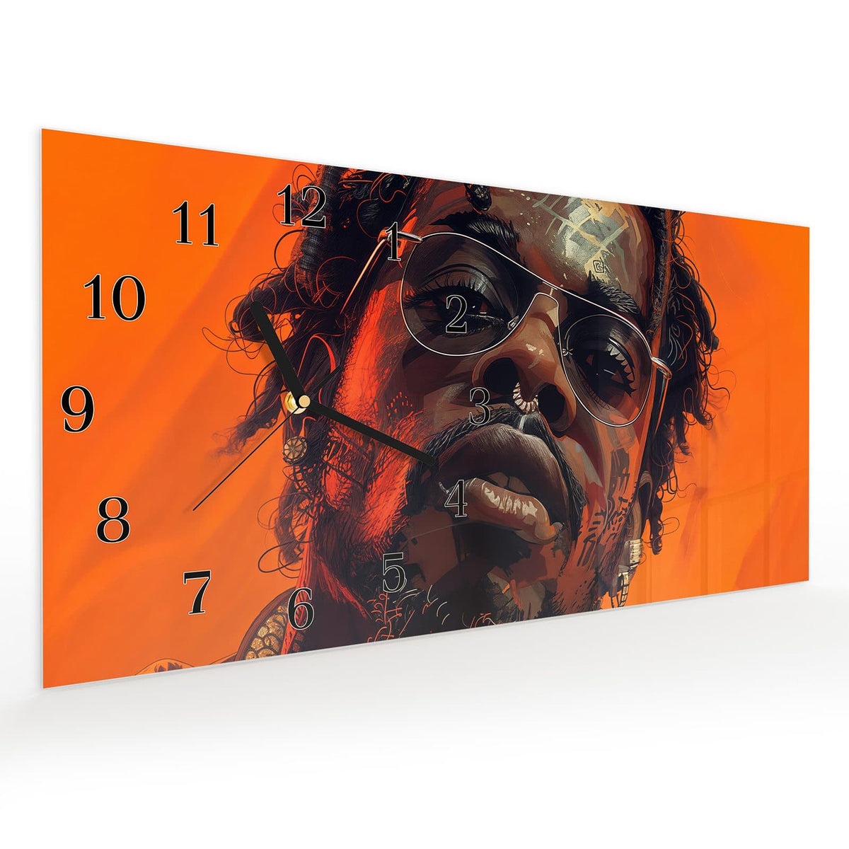 Vormontiert – mit Schwebeeffekt – Wanduhr Stilvolle Brillengesicht aus Glas – Querformat 60 × 30 cm