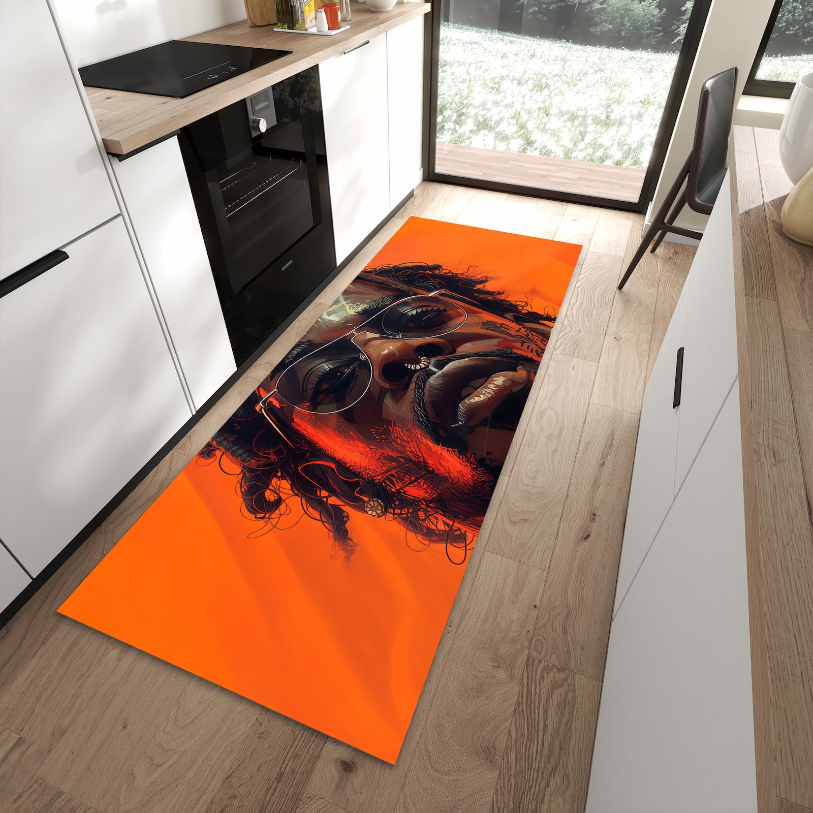 Strapazierfähiger Läufer für die Küche mit Motiv Stilvolle Brillengesicht in moderner Küche