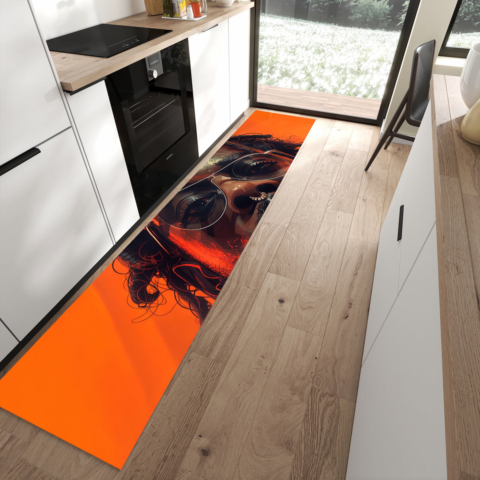 Flacher Küchenteppich mit Motiv Stilvolle Brillengesicht in moderner Küche