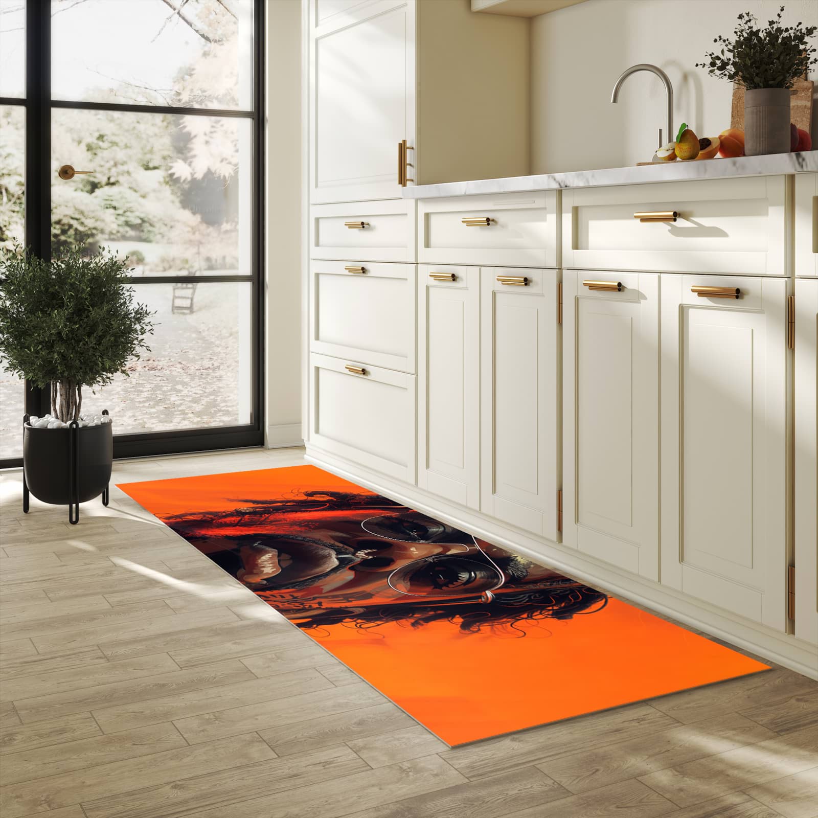 Formstabiler Küchenläufer mit Motiv Stilvolle Brillengesicht in heller Küche