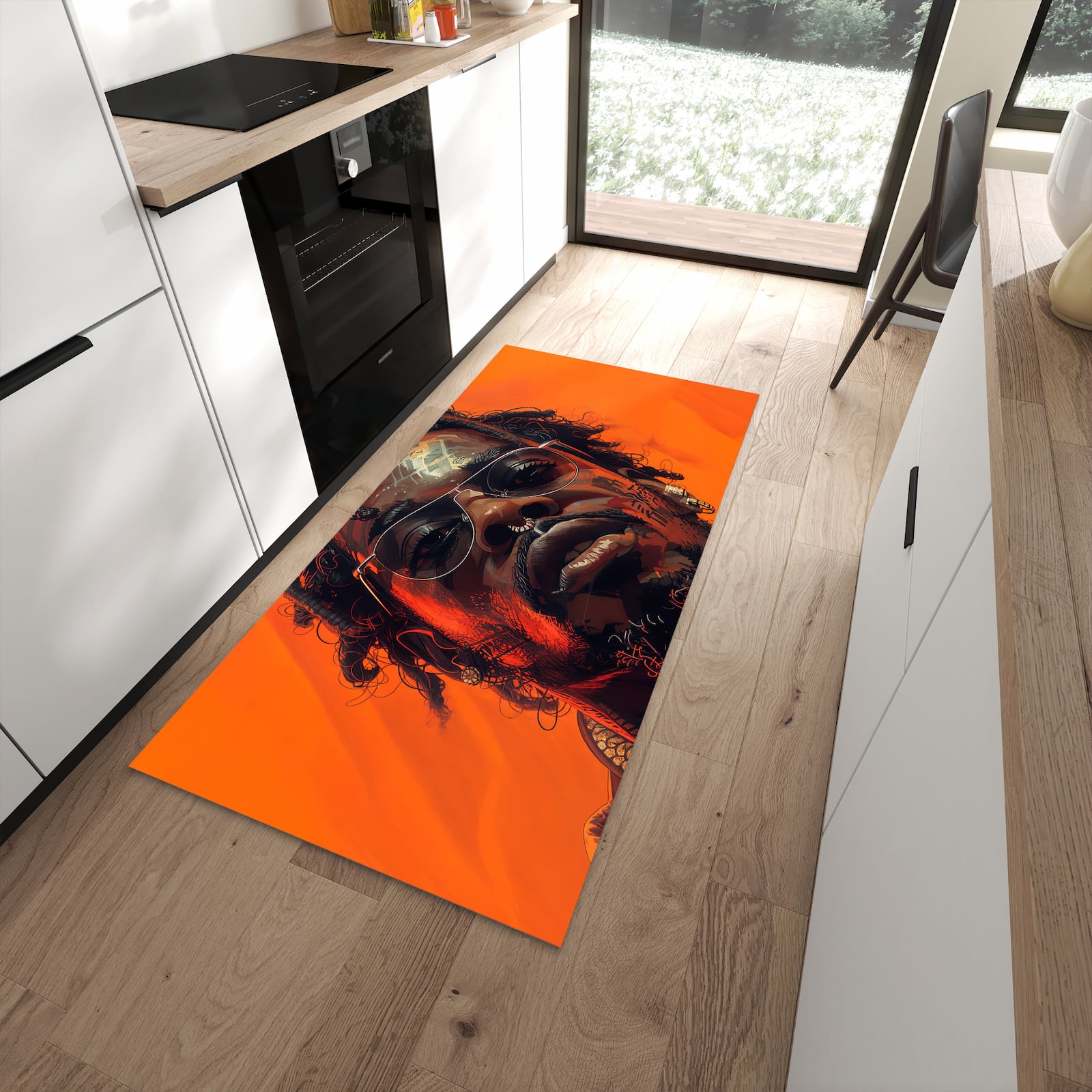 Hygienischer Küchenteppich mit Motiv Stilvolle Brillengesicht in moderner Küche