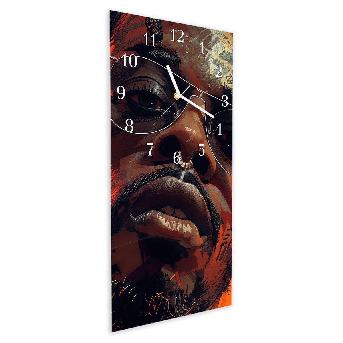 Vormontiert – mit Schwebeeffekt – Wanduhr Stilvolle Brillengesicht aus Glas – Hochformat 30 × 60 cm