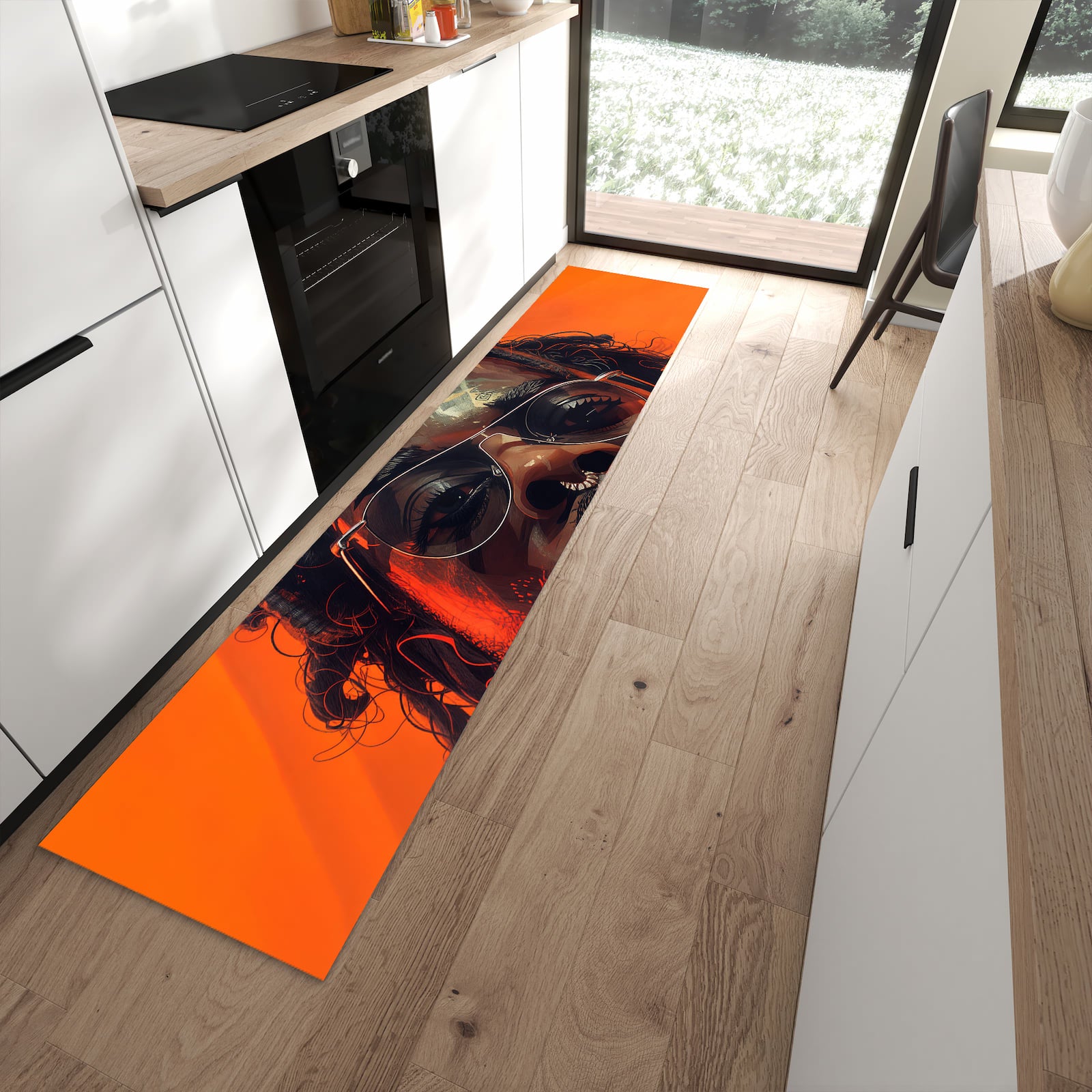 Langlebiger Küchenläufer mit Motiv Stilvolle Brillengesicht in moderner Küche