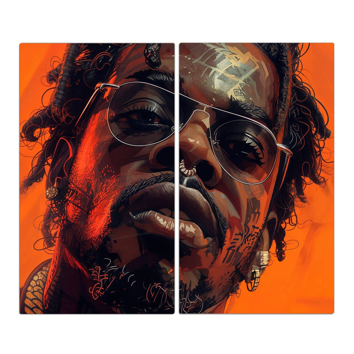 Nahes Porträt eines Mannes mit verspiegelter Pilotenbrille, Dreadlocks und Tattoos vor Orange