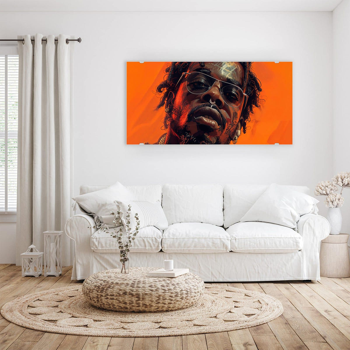 Wandbild - Mann mit Pilotenbrille - Querformat – Markantes Porträt vor Orange
