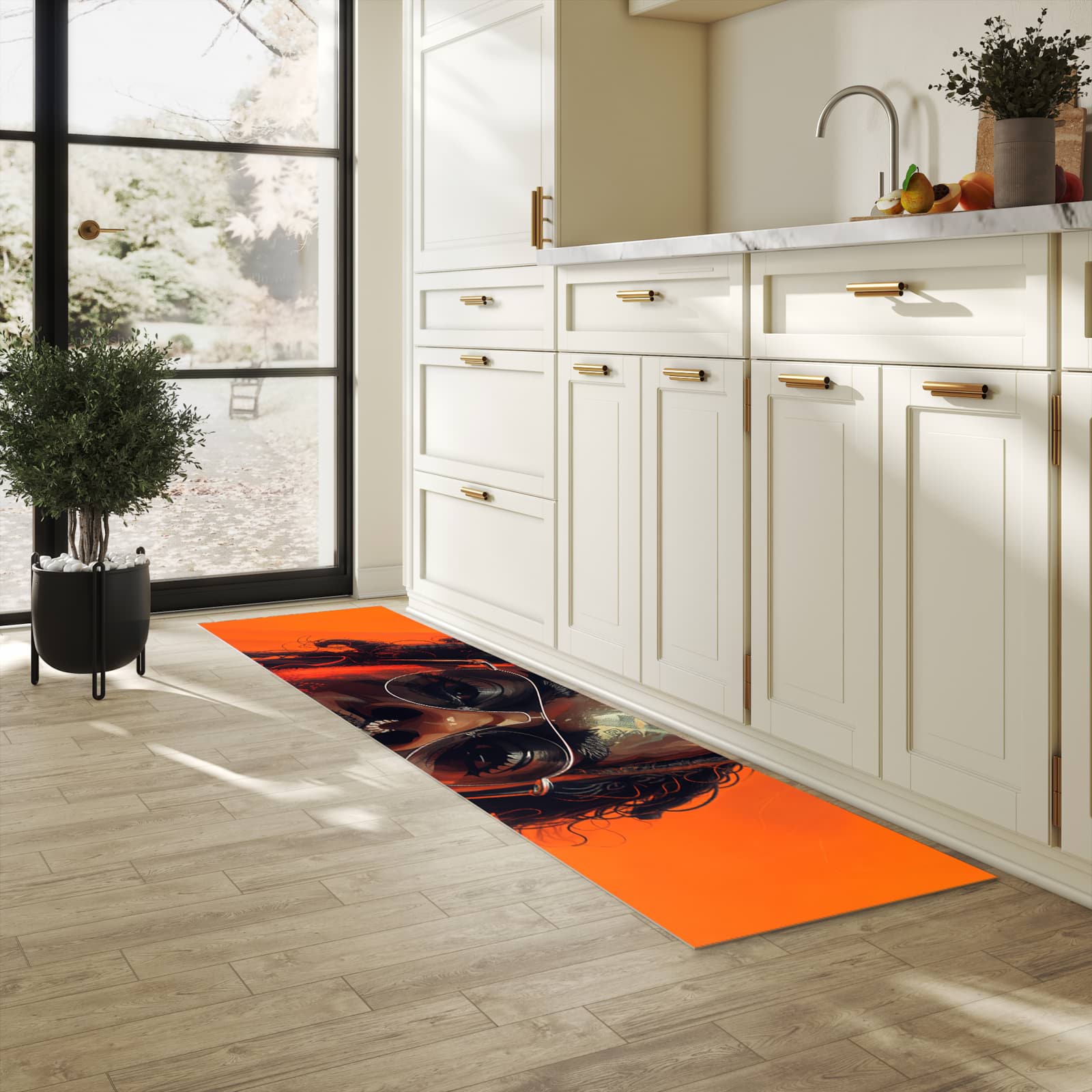 Bodenschonender Küchenteppich mit Motiv Stilvolle Brillengesicht in heller Küche