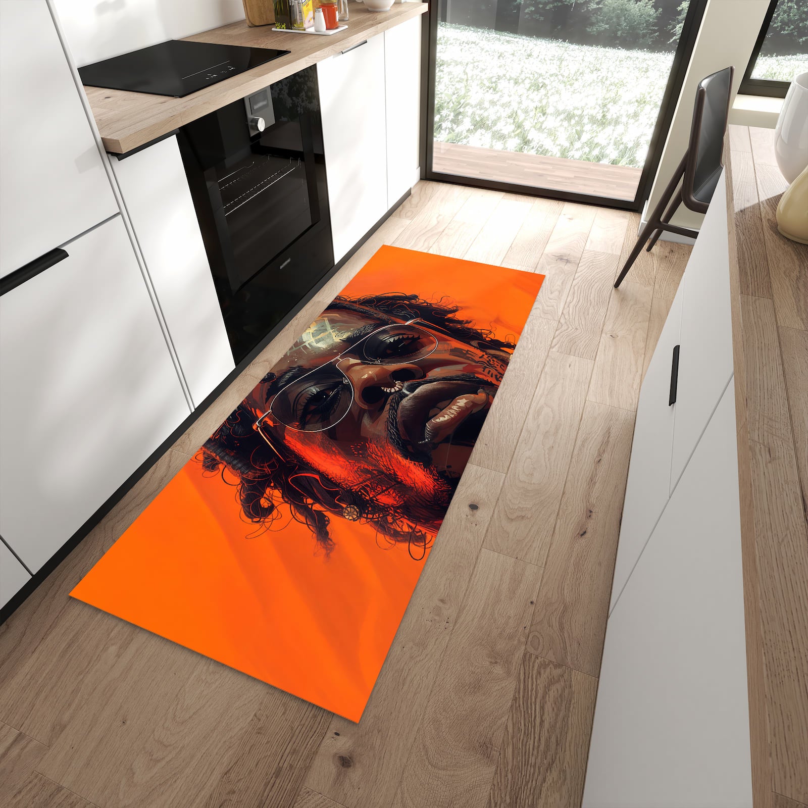 Komfortabler Küchenteppich mit Motiv Stilvolle Brillengesicht in moderner Küche