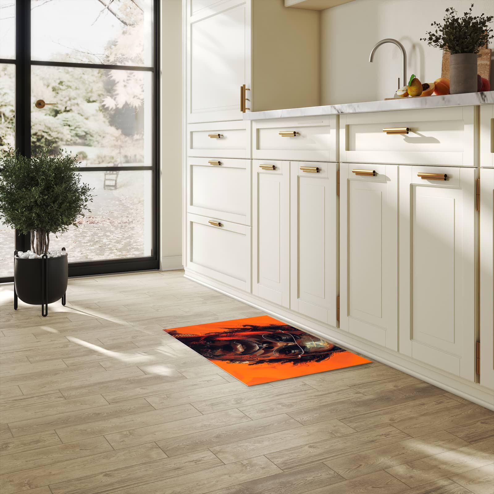 Bodenschonender Küchenteppich mit Motiv Stilvolle Brillengesicht in heller Küche