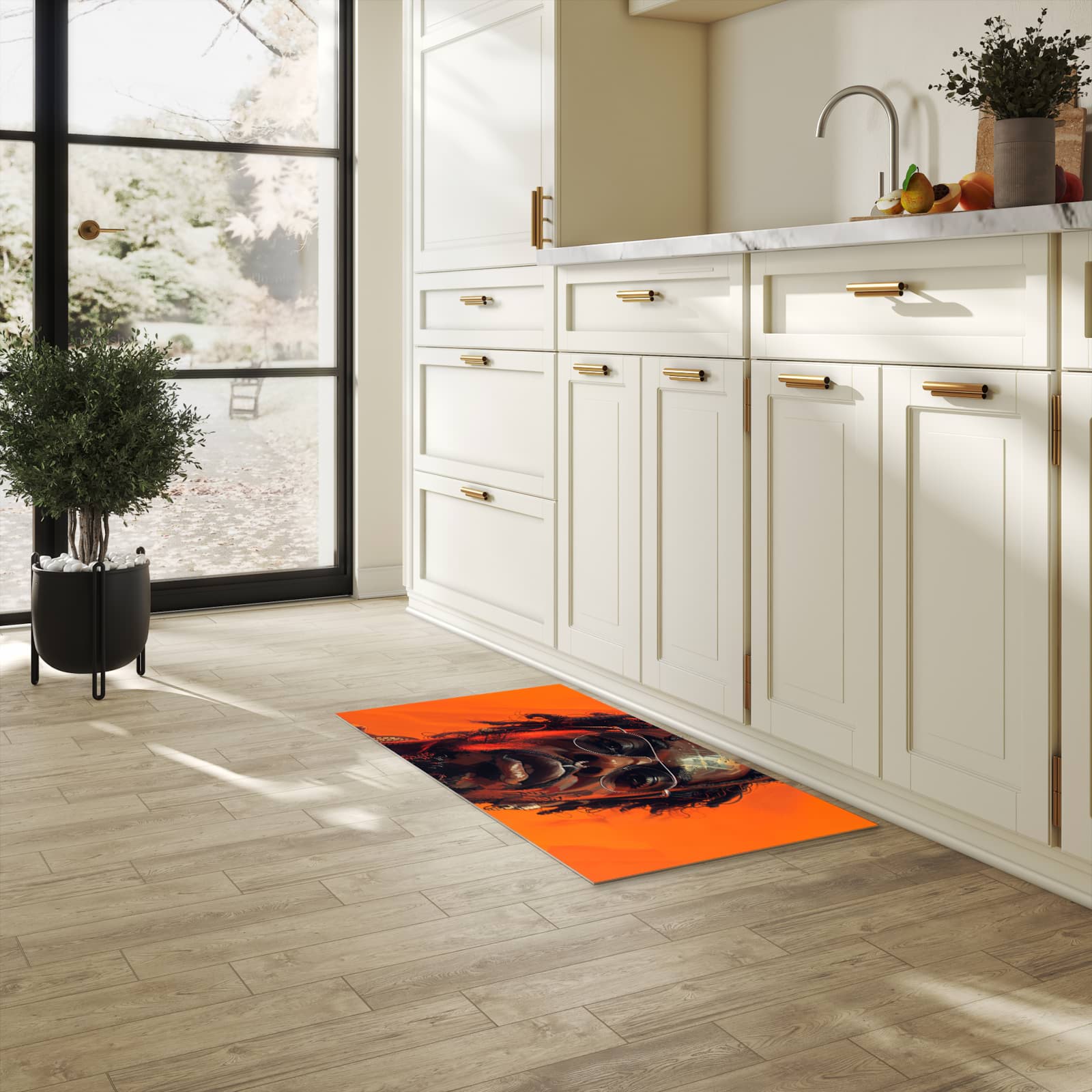 Waschbarer Küchenteppich mit Motiv Stilvolle Brillengesicht in heller Küche