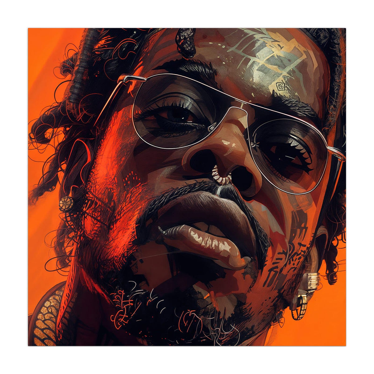 Nahes Porträt eines Mannes mit verspiegelter Pilotenbrille, Dreadlocks und Tattoos vor Orange