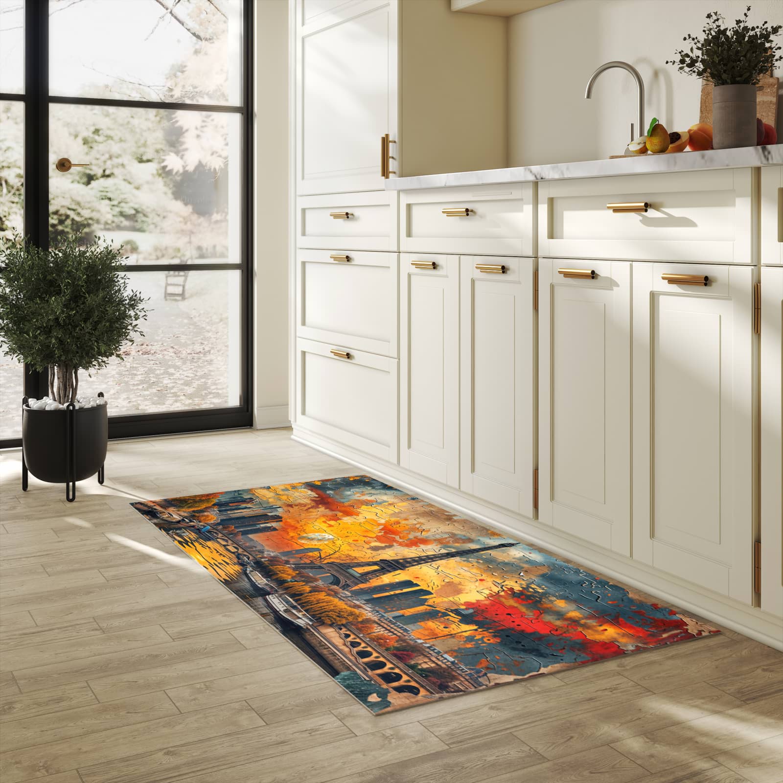 Hygienischer Küchenteppich mit Motiv Eiffelturm Skyline in heller Küche - abwaschbar