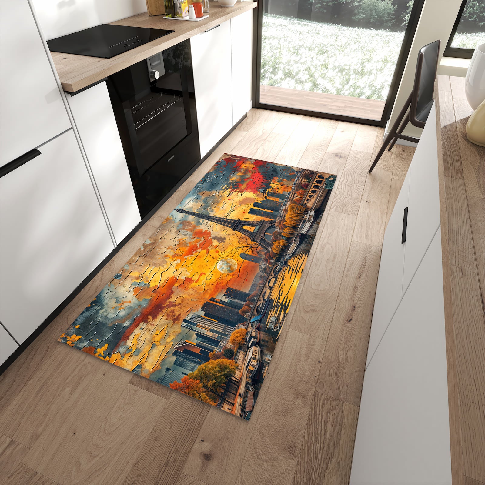 UV-beständiger Küchenläufer mit Motiv Eiffelturm Skyline in moderner Küche