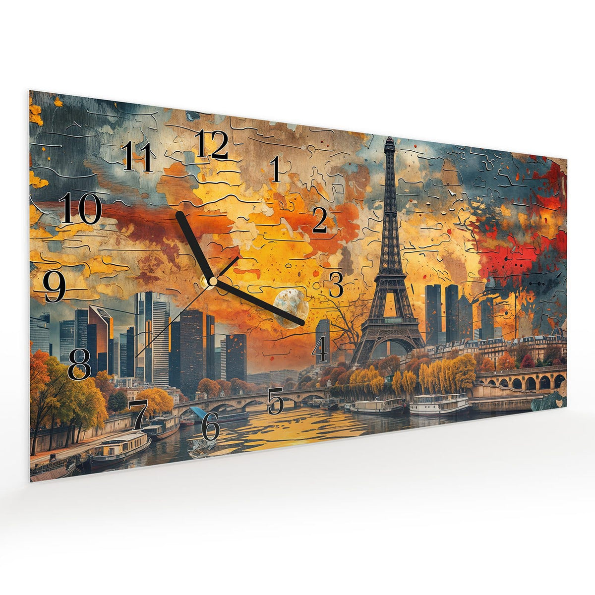 Vormontiert – mit Schwebeeffekt – Wanduhr Eiffelturm Skyline aus Glas – Querformat 60 × 30 cm