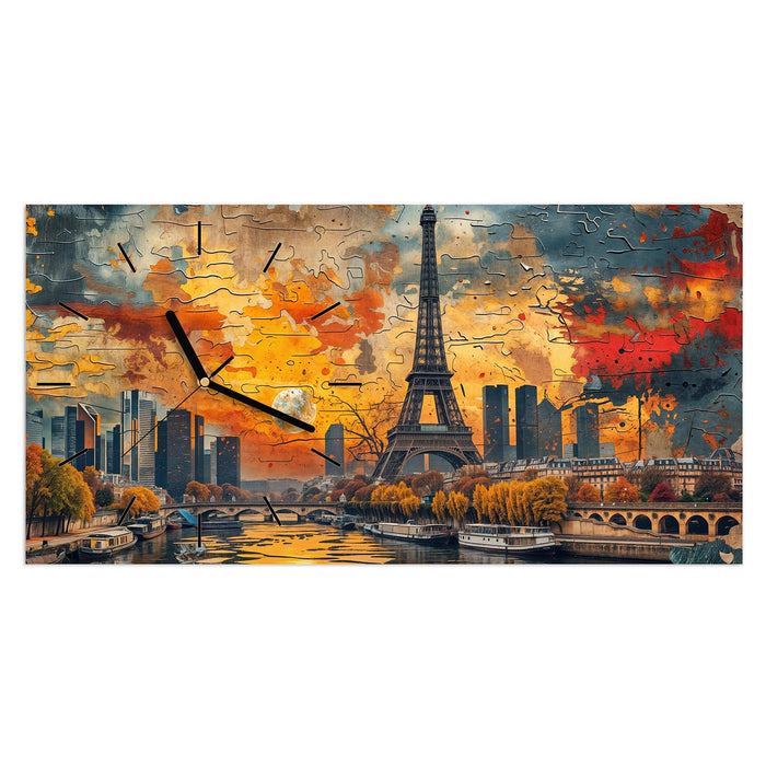 Wanduhr Eiffelturm Skyline aus Glas – Querformat 60 × 30 cm mit Ziffernblatt Linie