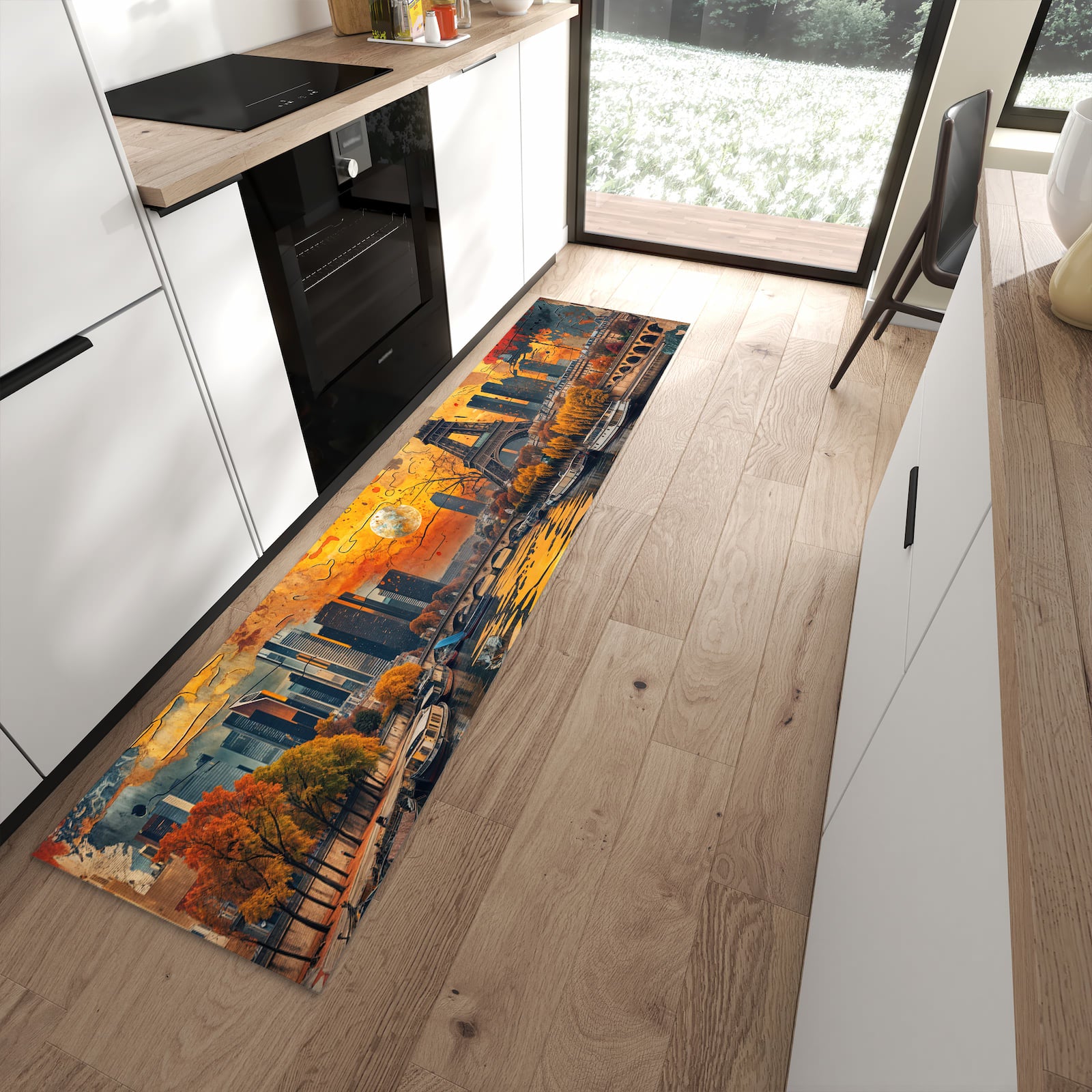 Küchenteppich mit Motiv Eiffelturm Skyline für Ordnung in moderner Küche