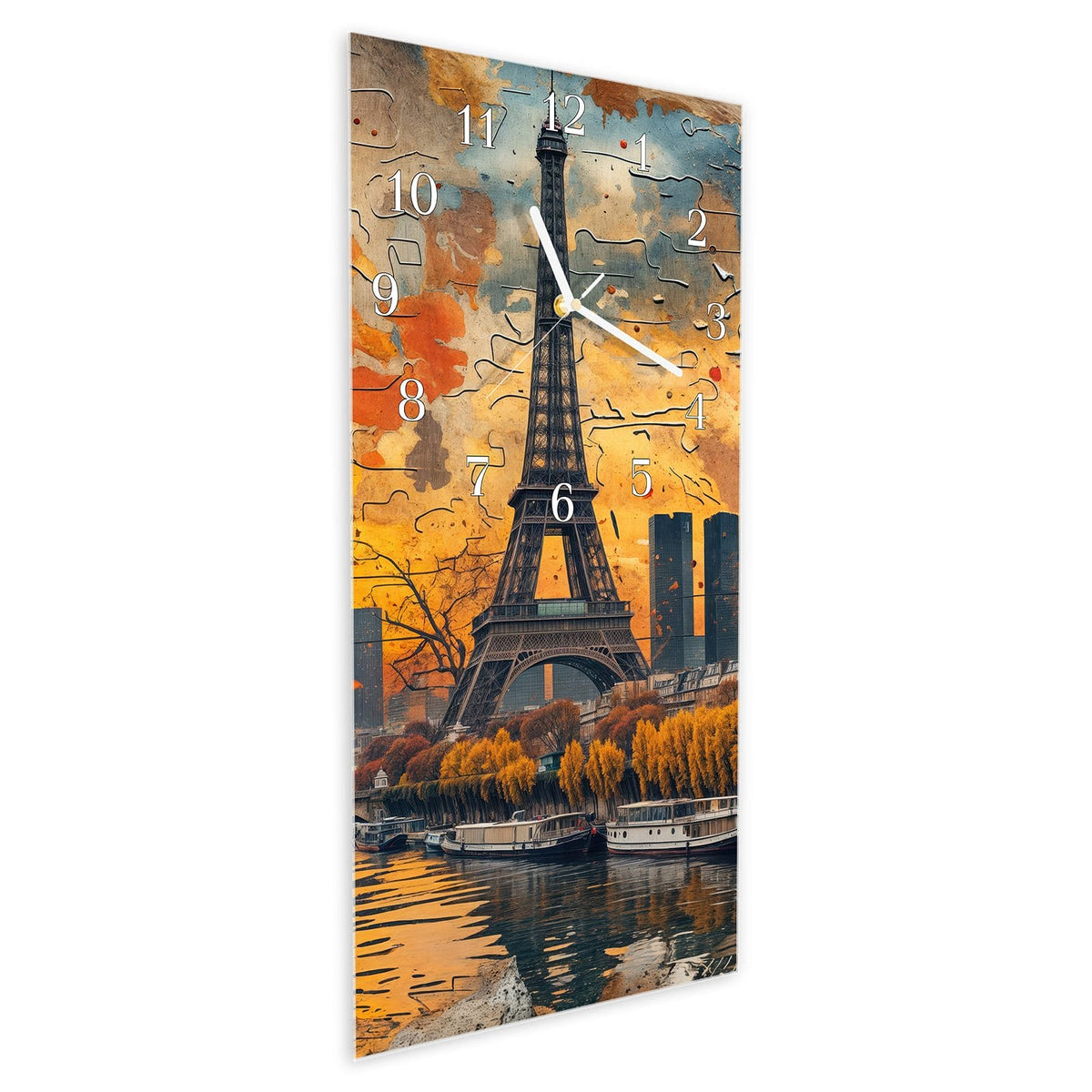 Vormontiert – mit Schwebeeffekt – Wanduhr Eiffelturm Skyline aus Glas – Hochformat 30 × 60 cm