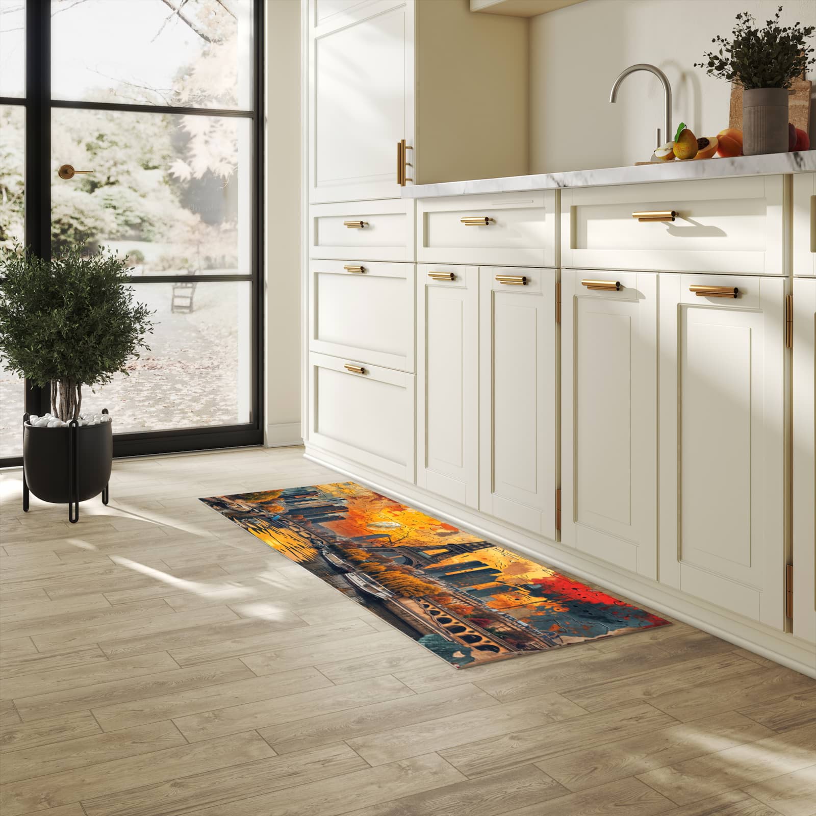 Schmutzabweisender rutschfester Küchenläufer mit Motiv Eiffelturm Skyline in heller Küche