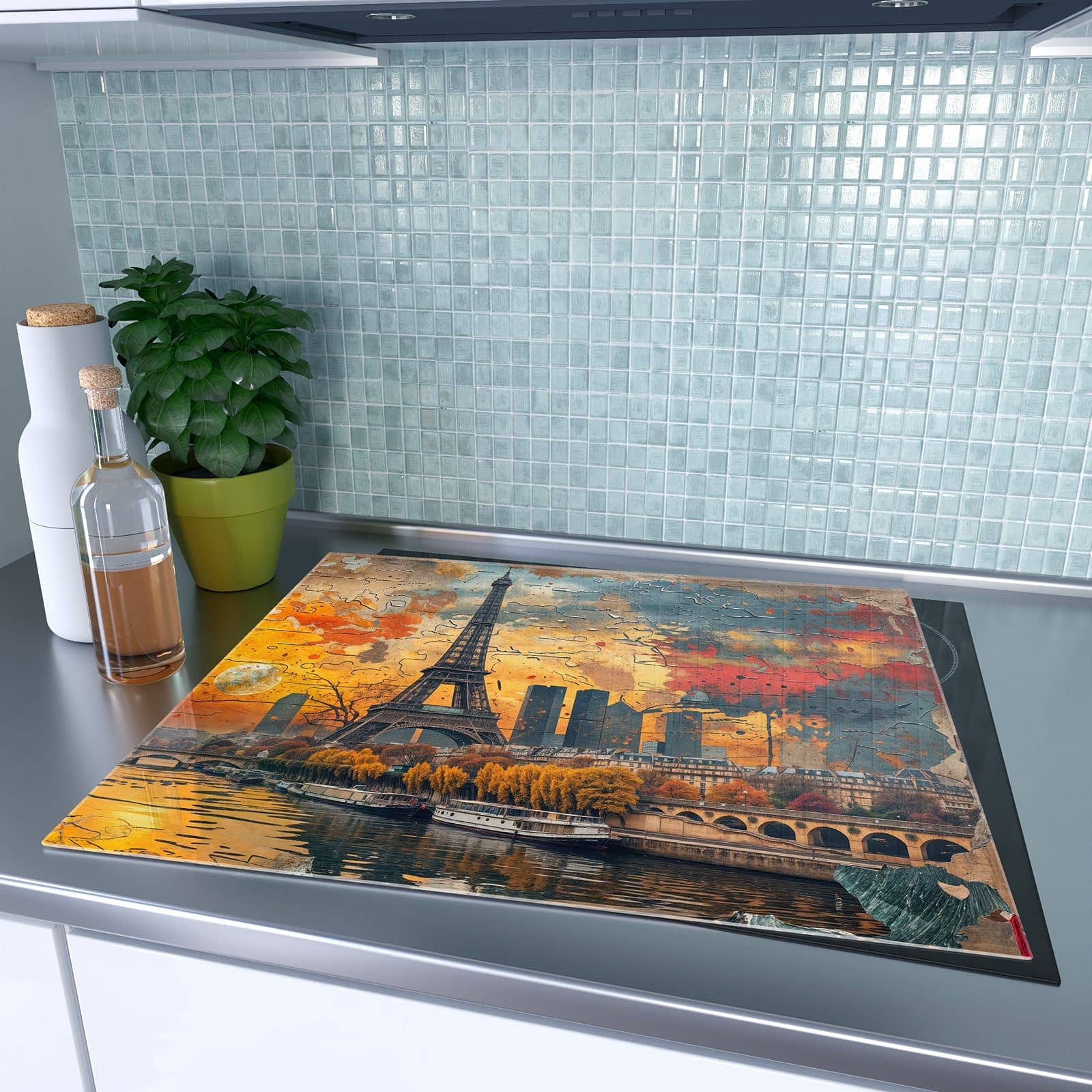 1-teilige Ceranfeld Abdeckplatten mit Eiffelturm Skyline-Motiv auf dem Ceranfeld
