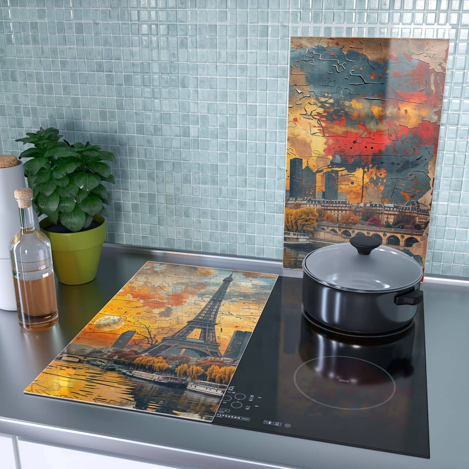 1-teilige Abdeckplatten für den Herd mit Eiffelturm Skyline-Motiv als Spritzschutz hinter dem Kochfeld