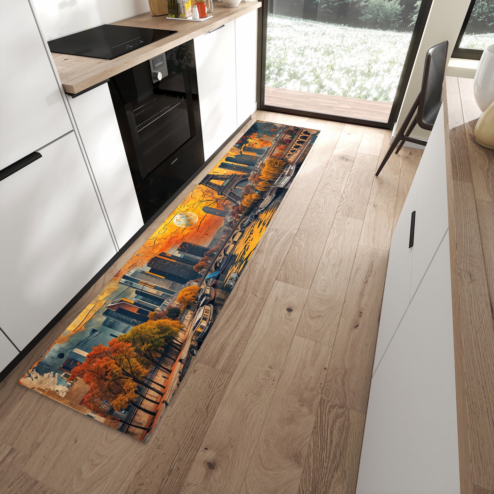 Bodenschonender Küchenläufer mit Motiv Eiffelturm Skyline in moderner Küche