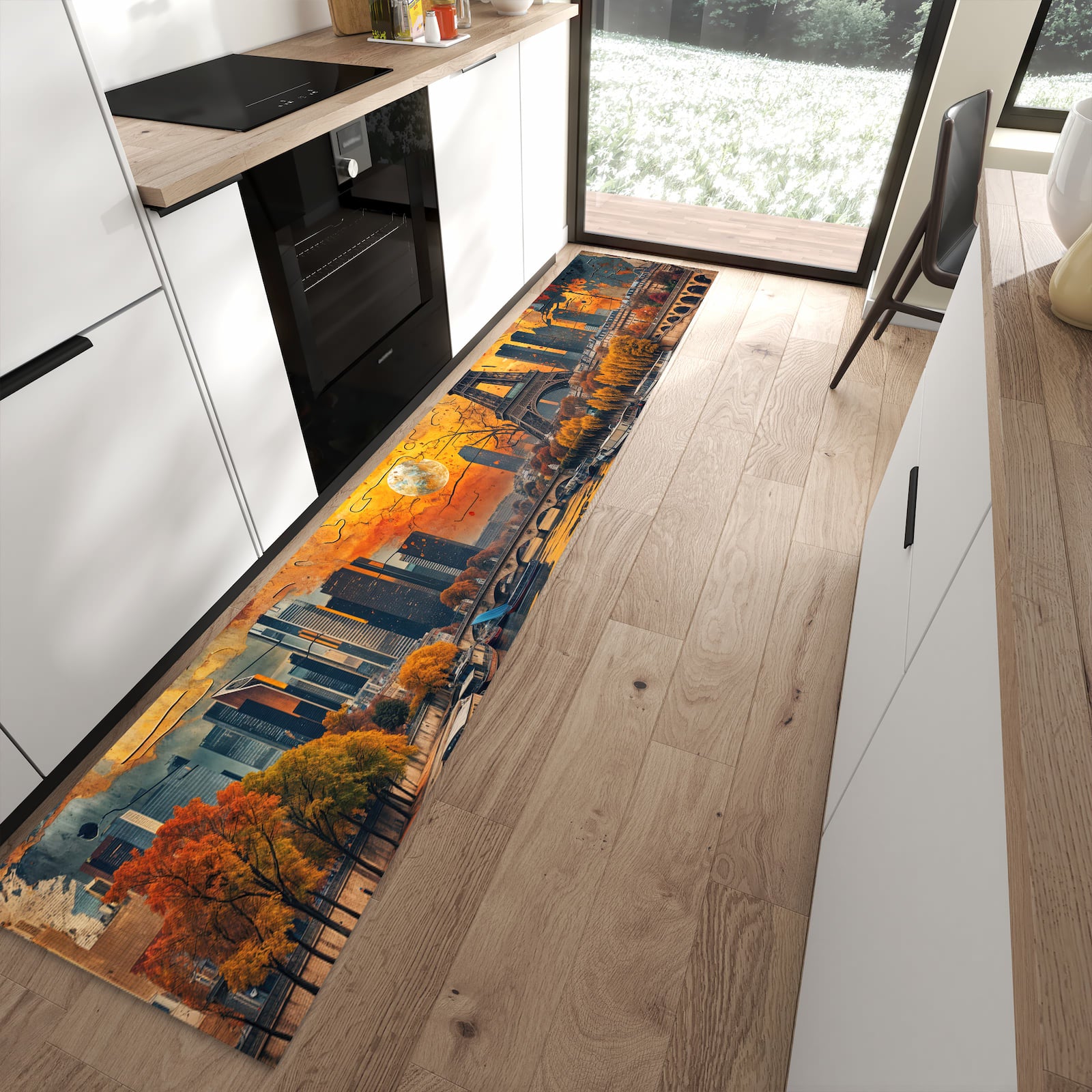 Farbbeständiger waschbarer Küchenläufer mit Motiv Eiffelturm Skyline in moderner Küche