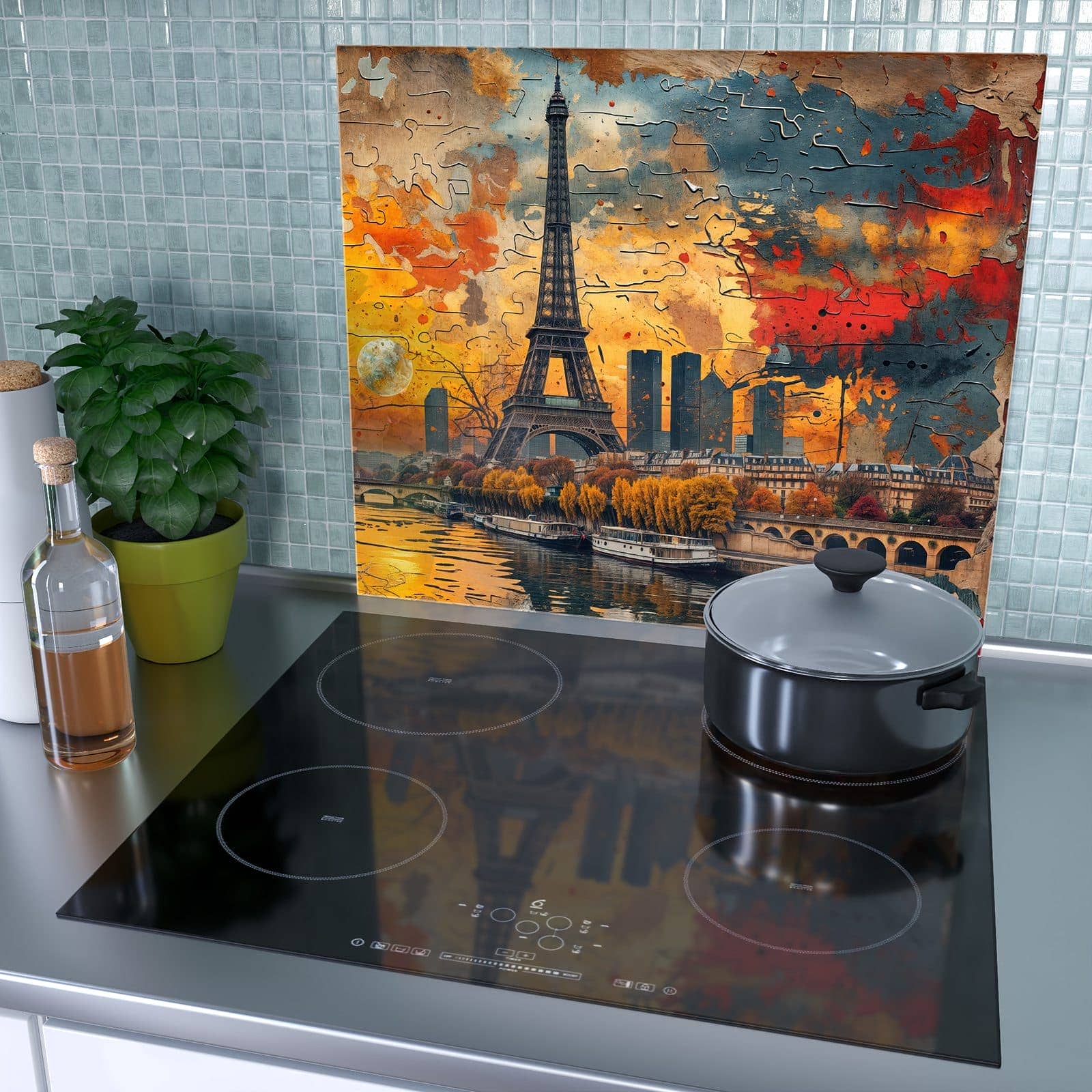 2-teilige Herdabdeckplatte mit Eiffelturm Skyline-Motiv auf dem Ceranfeld