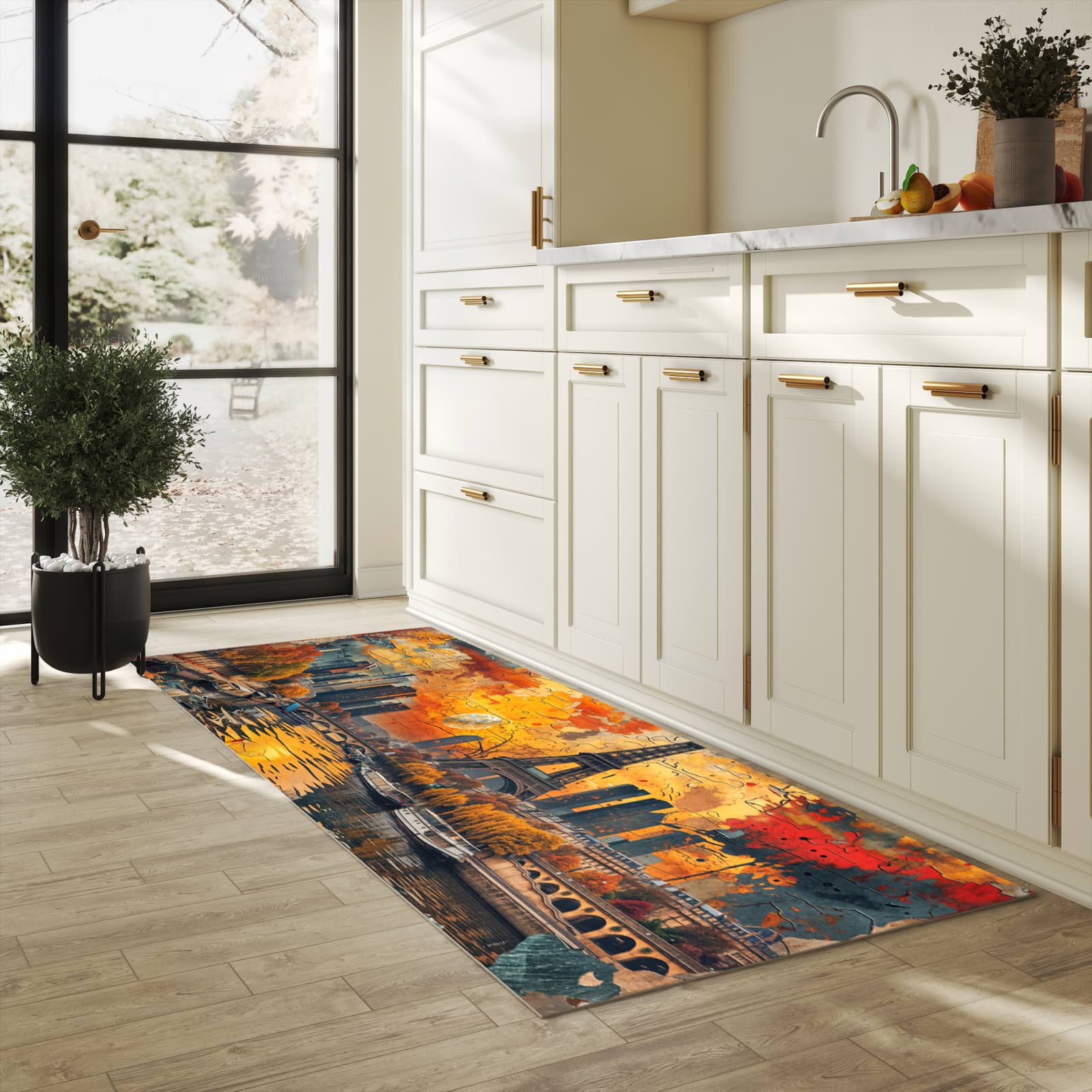 Strapazierfähiger Küchenteppich mit Motiv Eiffelturm Skyline in heller Küche