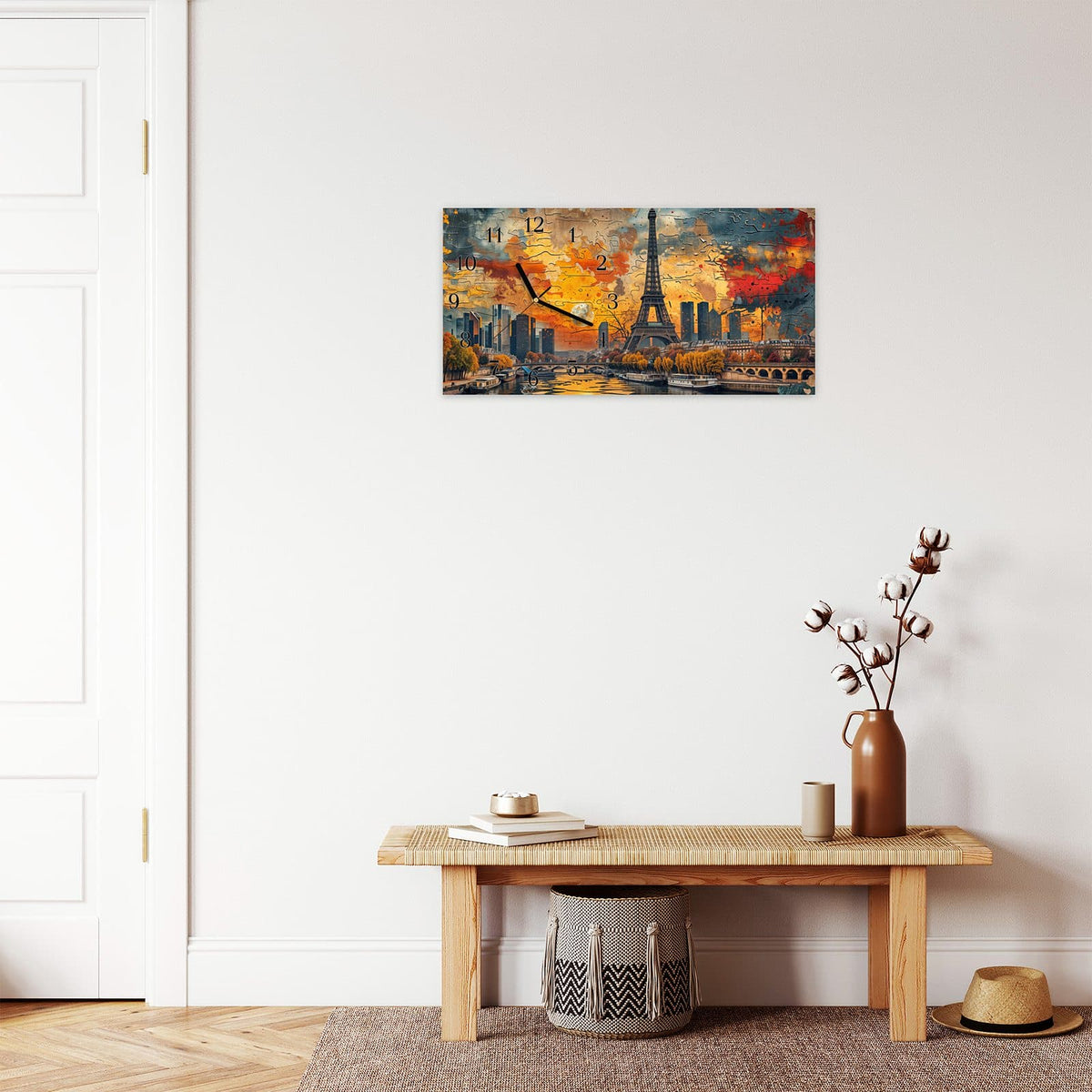 Moderne Wanduhr aus Glas mit Farbtiefe – Wanduhr Eiffelturm Skyline aus Glas – Querformat 60 × 30 cm