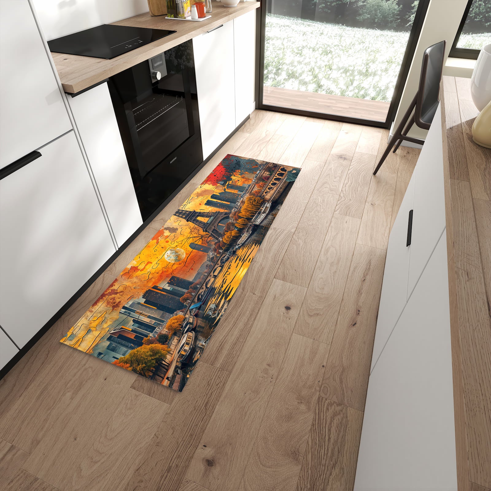 Bodenschonender Küchenteppich mit Motiv Eiffelturm Skyline in moderner Küche