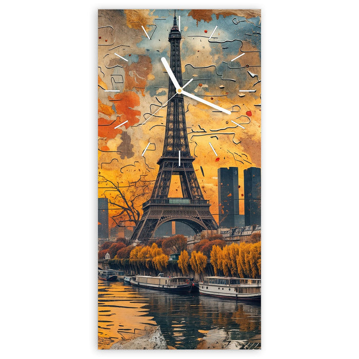 Wanduhr Eiffelturm Skyline aus Glas – Hochformat 30 × 60 cm mit Ziffernblatt Linie