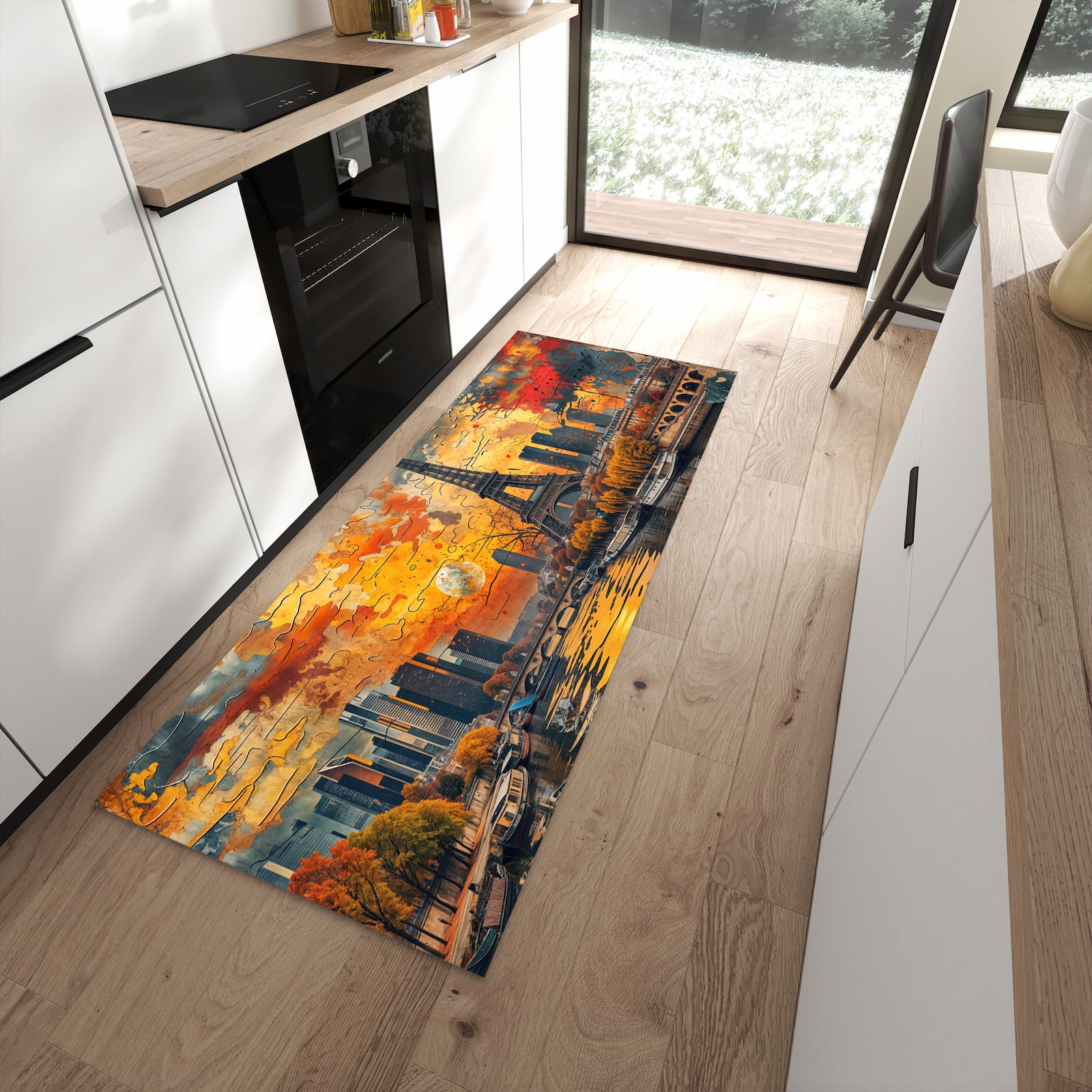 Rutschfester Küchenläufer mit Motiv Eiffelturm Skyline für sicheren Stand in moderner Küche