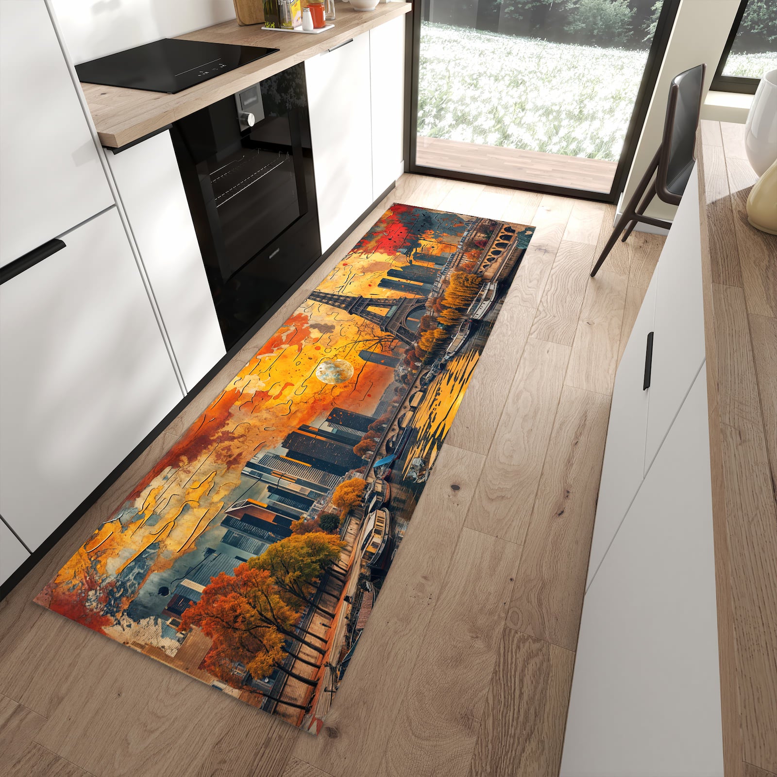 Zeitsparender rutschfester Küchenläufer mit Motiv Eiffelturm Skyline in moderner Küche