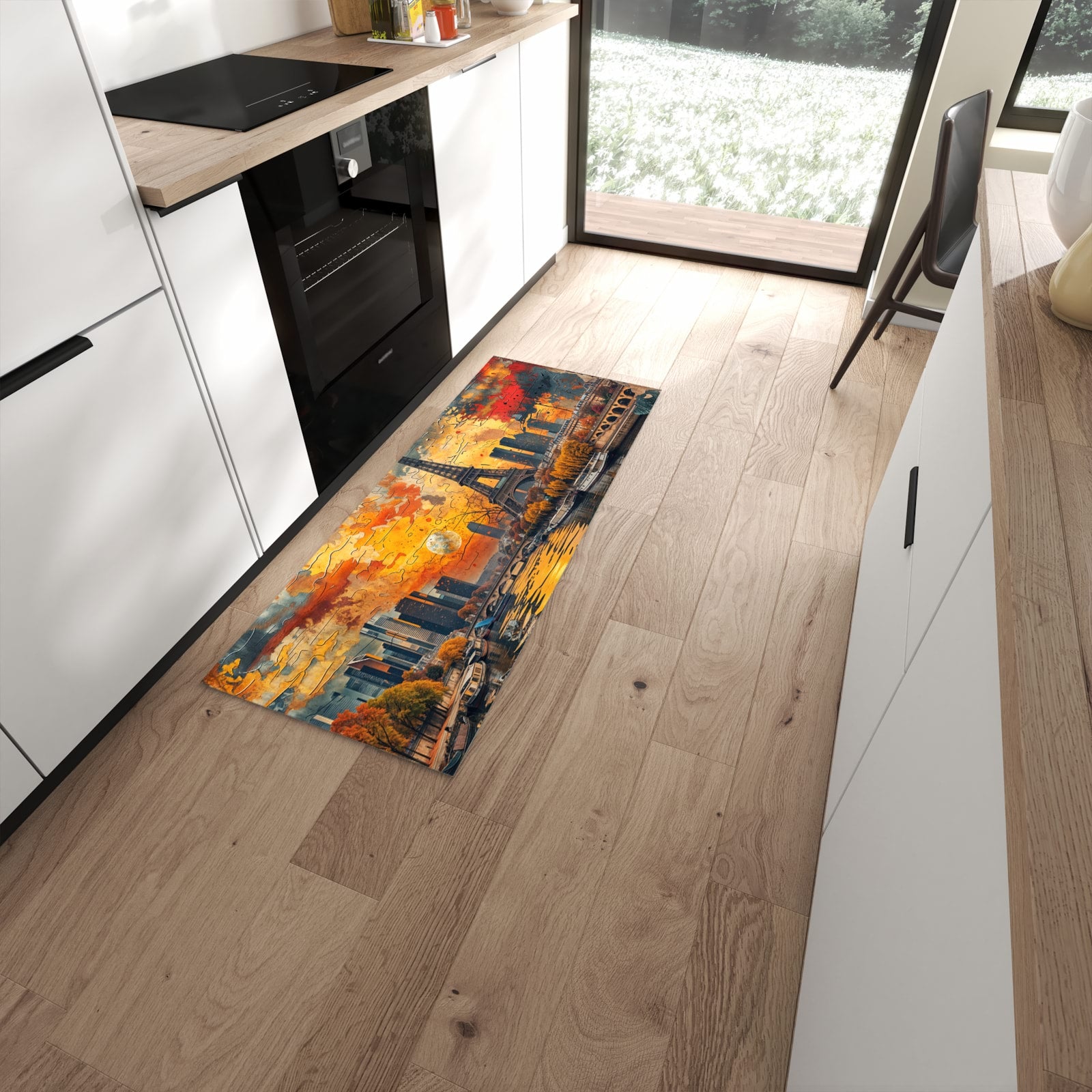 Feuchtigkeitsresistenter Küchenteppich mit Motiv Eiffelturm Skyline in moderner Küche #grösse_60 x 150 cm