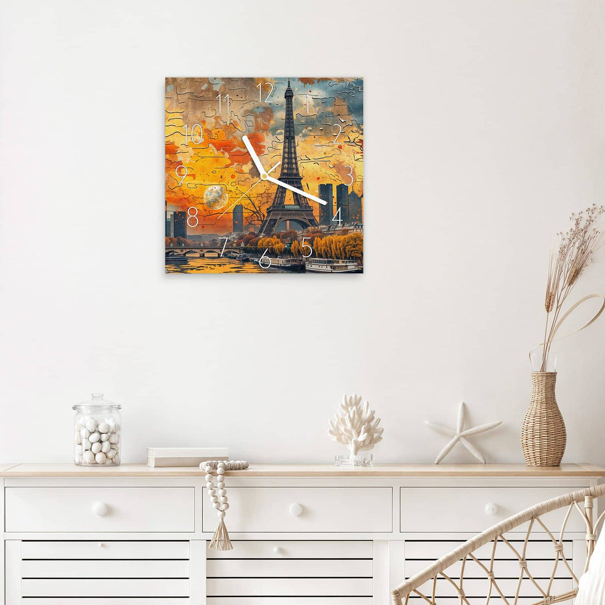 Wanduhr Paris als Collage aus Glas – Quadratisch 30 × 30 cm – Eiffelturm und Seine als Collage